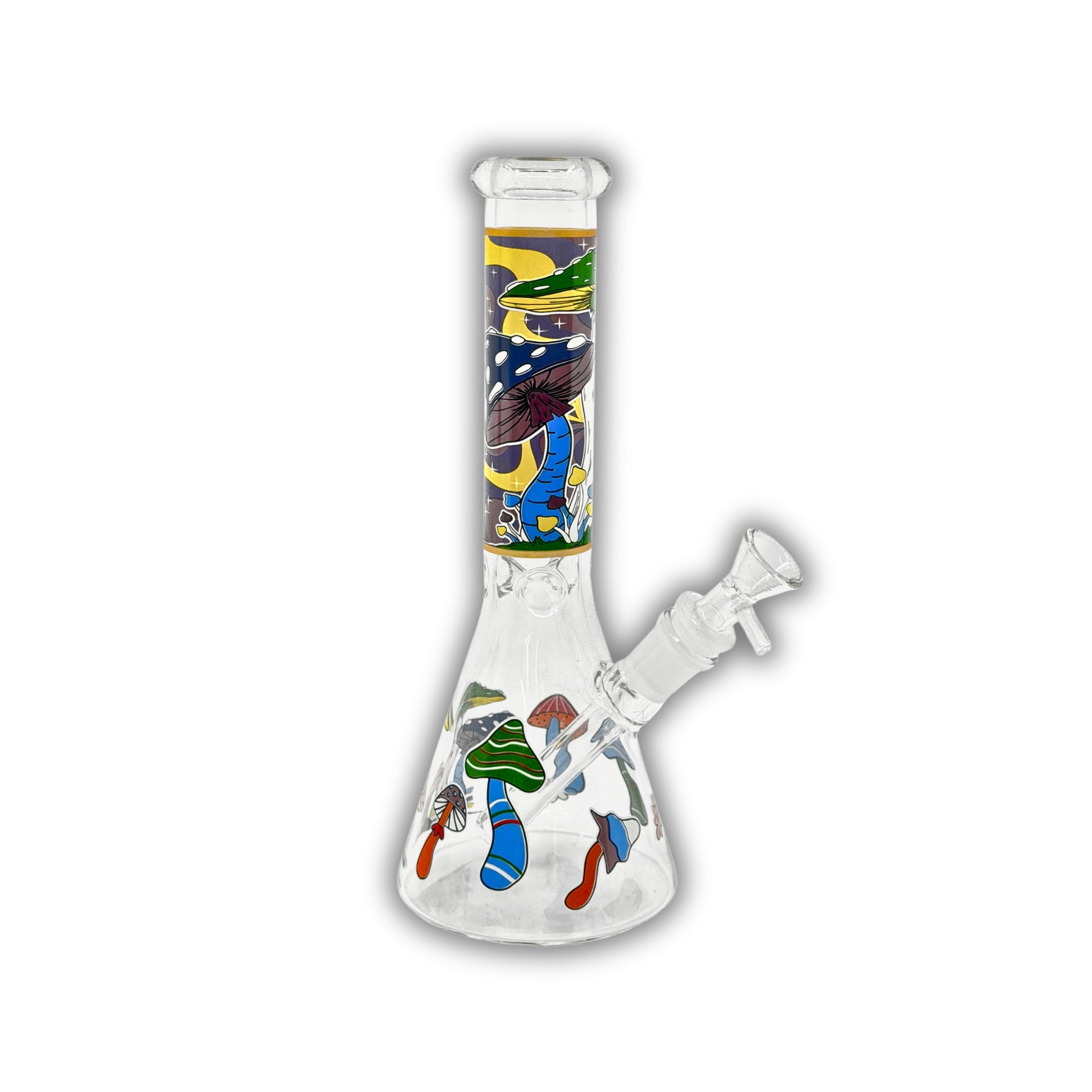 Clear glass beaker water pipes featuring colorful psychedelic mushroom artwork, fantasy-inspired graphics, and straight neck bong designs with removable bowls.