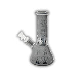 Assorted mini glass beaker bongs featuring frosted finishes, metallic electroplated colors, engraved paisley and skull patterns, cannabis leaf graphics, and decorative etched designs.