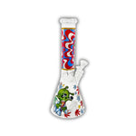 Clear glass beaker bong featuring green alien artwork, galaxy and planet graphics, cannabis leaf accents, and black space-themed neck print.