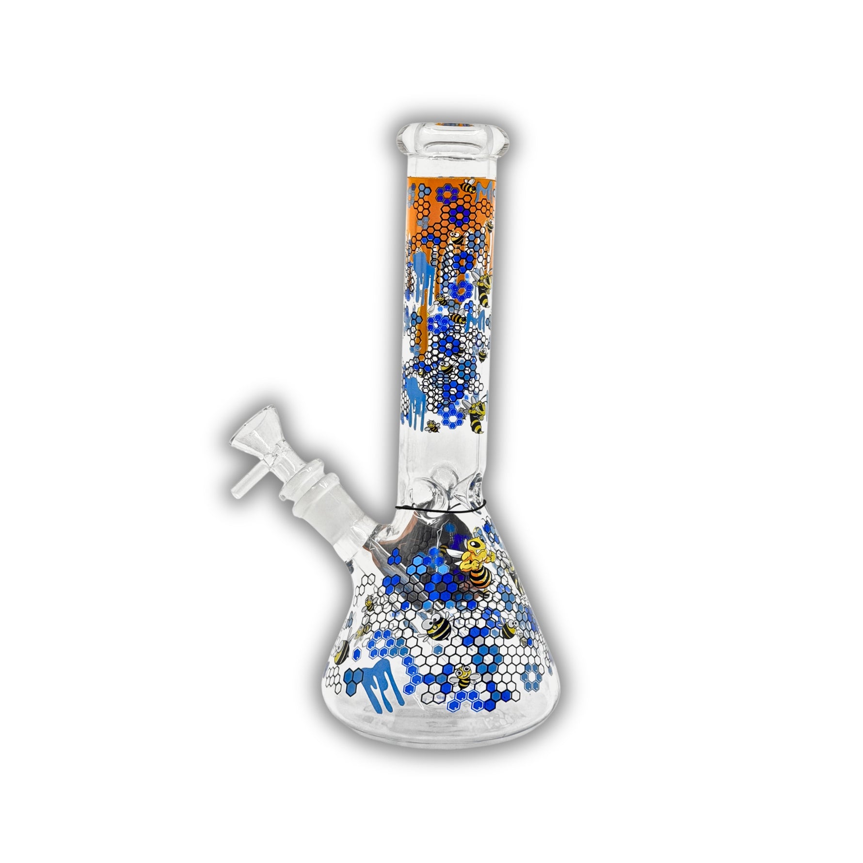Clear glass beaker bongs featuring colorful honeycomb patterns, bee artwork, dripping paint accents, and assorted vibrant color themes with removable bowls.