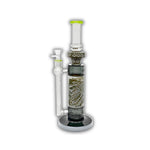 Straight tube glass bong with etched tribal artwork, frosted neck section, and removable frosted downstem with colored accents.