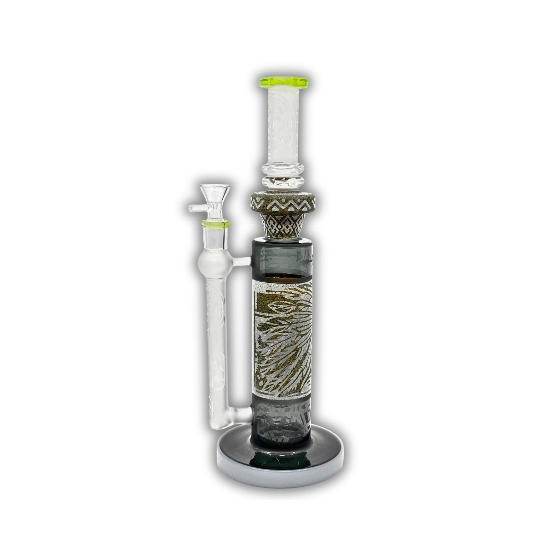Straight tube glass bong with etched tribal artwork, frosted neck section, and removable frosted downstem with colored accents.