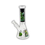 Clear glass beaker bong featuring green alien artwork, galaxy and planet graphics, cannabis leaf accents, and black space-themed neck print.
