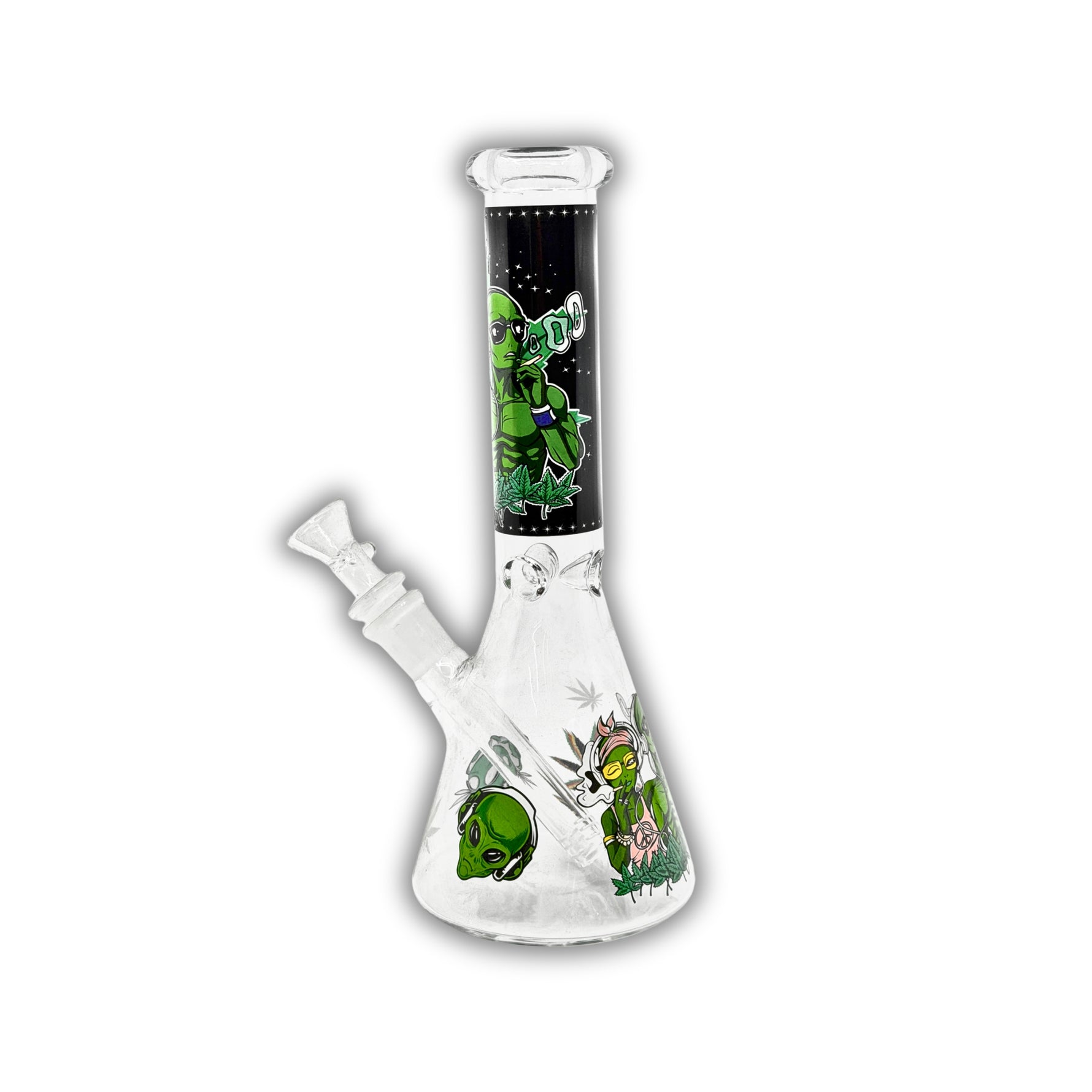 Clear glass beaker bong featuring green alien artwork, galaxy and planet graphics, cannabis leaf accents, and black space-themed neck print.