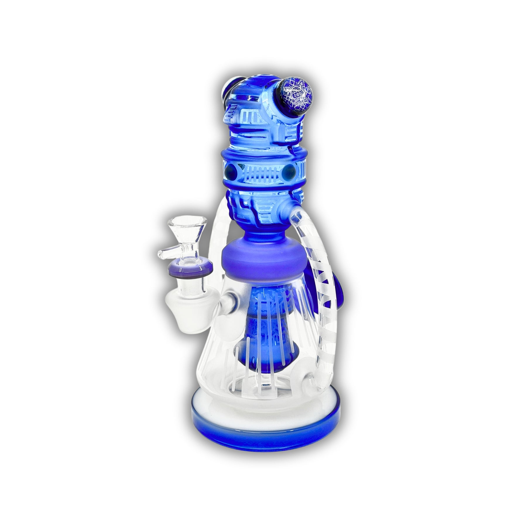 Futuristic recycler glass dab rig with robot head topper, dual loop side tubes, colored accents, and detailed internal perc chamber.