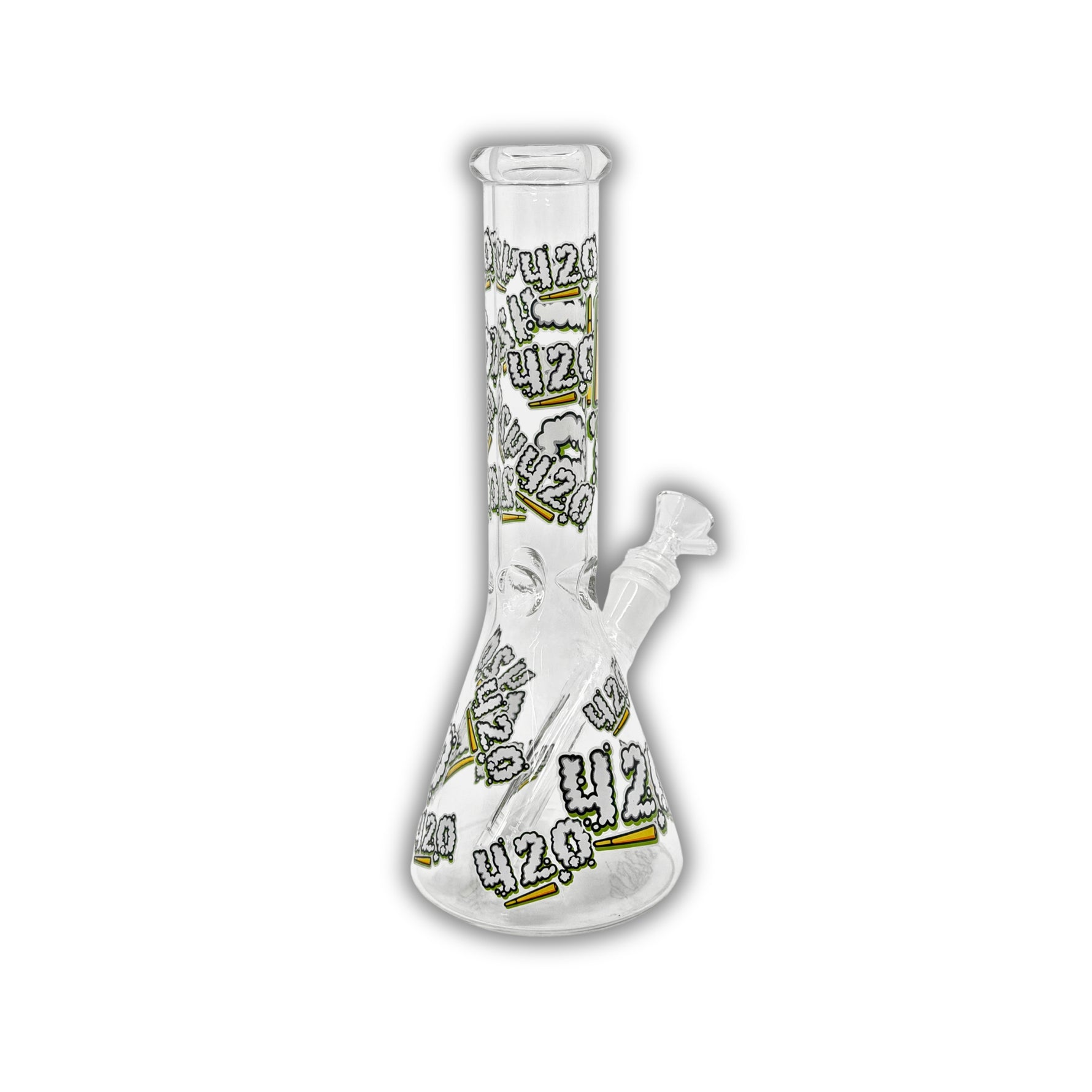 Clear mini beaker bong with bold “420” graffiti-style print design covering the body and neck.