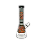 Tall beaker-style glass bong with metallic geometric sandblasted artwork, colored neck accents, and clear glass chamber.