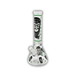 Clear glass beaker bong with monkey face graphics, designer-inspired repeating pattern print, cannabis leaf accents, and colored neck designs in blue and green.