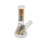Clear glass beaker bongs featuring colorful honeycomb patterns, bee artwork, dripping paint accents, and assorted vibrant color themes with removable bowls.