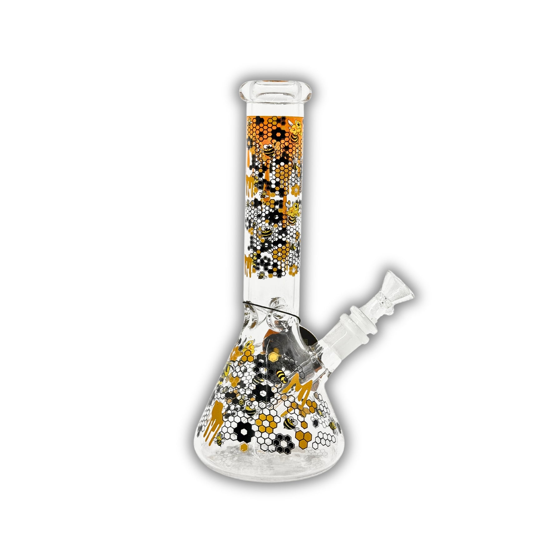 Clear glass beaker bongs featuring colorful honeycomb patterns, bee artwork, dripping paint accents, and assorted vibrant color themes with removable bowls.