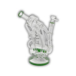 Clear glass recycler bong featuring multi-arm tubing, internal percolator system, circular chambers, and colored accent rings in green, amber, and blue.