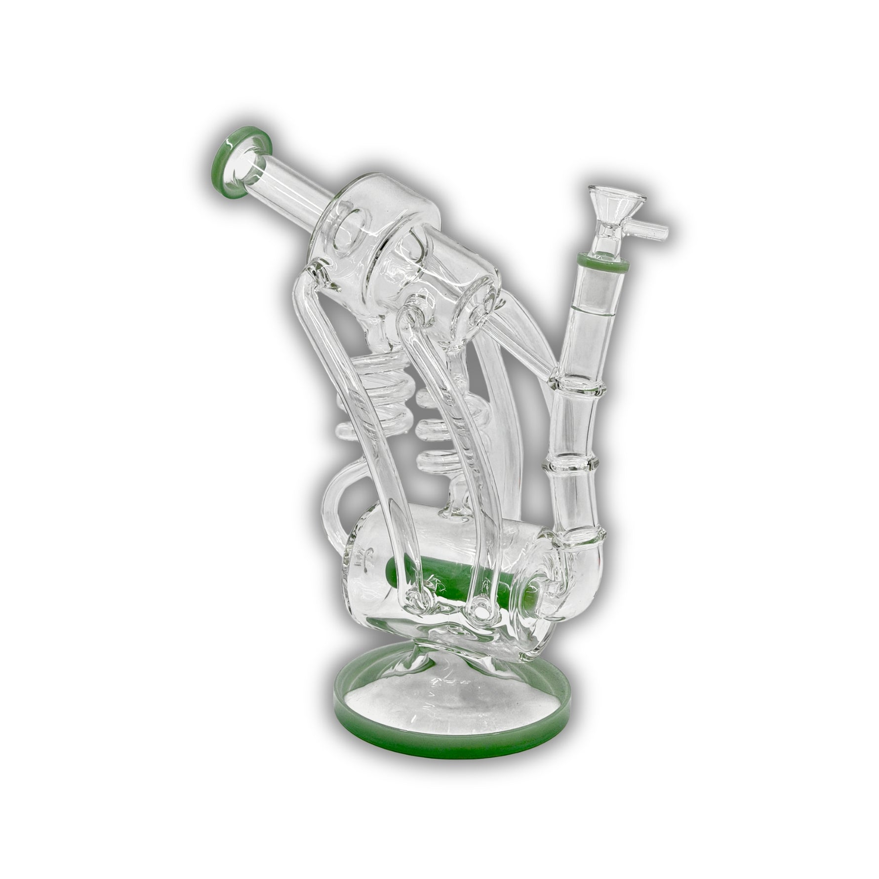 Clear glass recycler bong featuring multi-arm tubing, internal percolator system, circular chambers, and colored accent rings in green, amber, and blue.