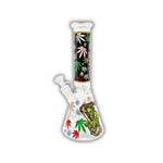 Clear glass beaker bong featuring green alien artwork, galaxy and planet graphics, cannabis leaf accents, and black space-themed neck print.