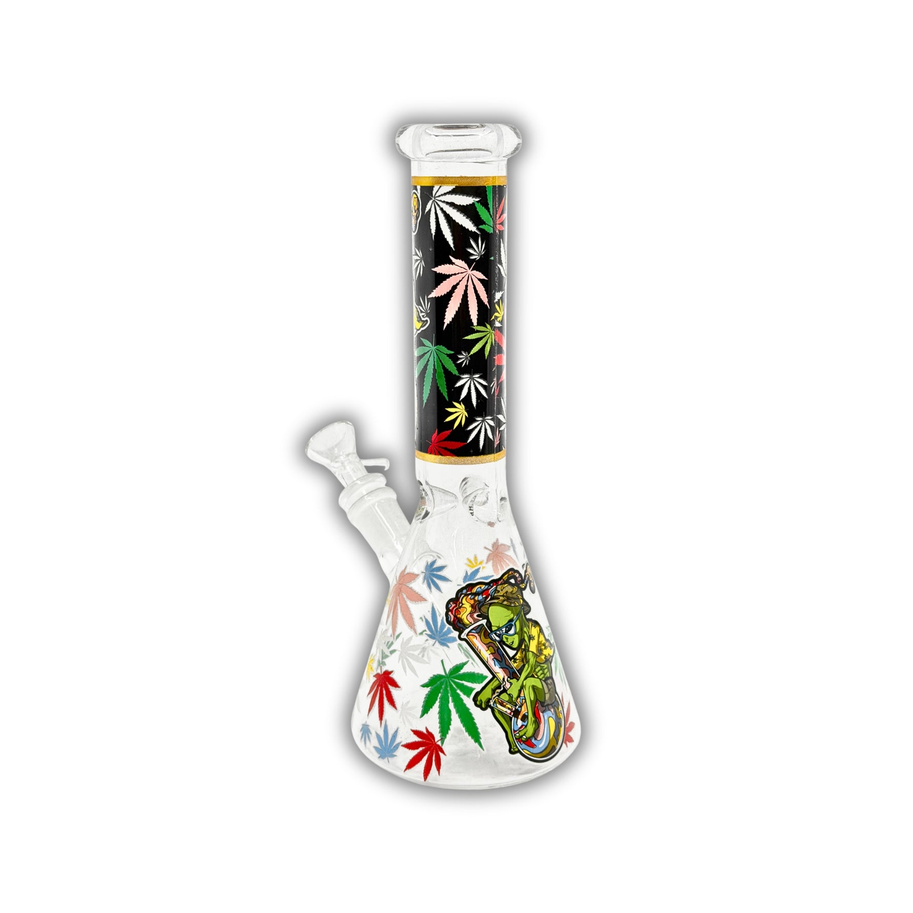 Clear glass beaker bong featuring green alien artwork, galaxy and planet graphics, cannabis leaf accents, and black space-themed neck print.
