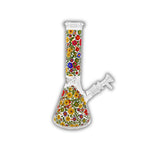 Clear glass beaker bong covered in vibrant retro floral patterns with multicolor flower artwork, straight neck design, and removable glass bowl.
