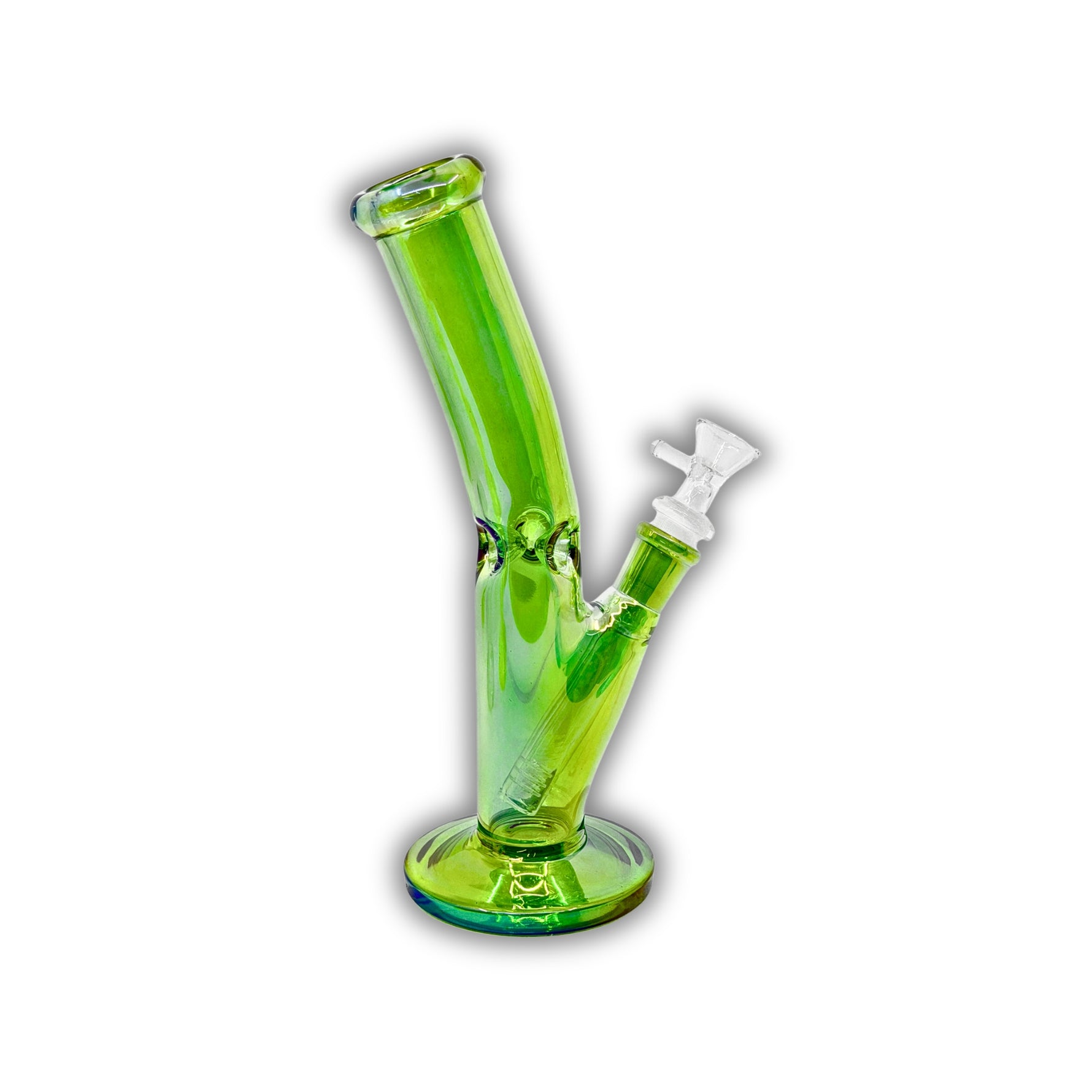 Compact colored glass dab rig with straight tube design, angled mouthpiece, and matching downstem accents in assorted vibrant colors.