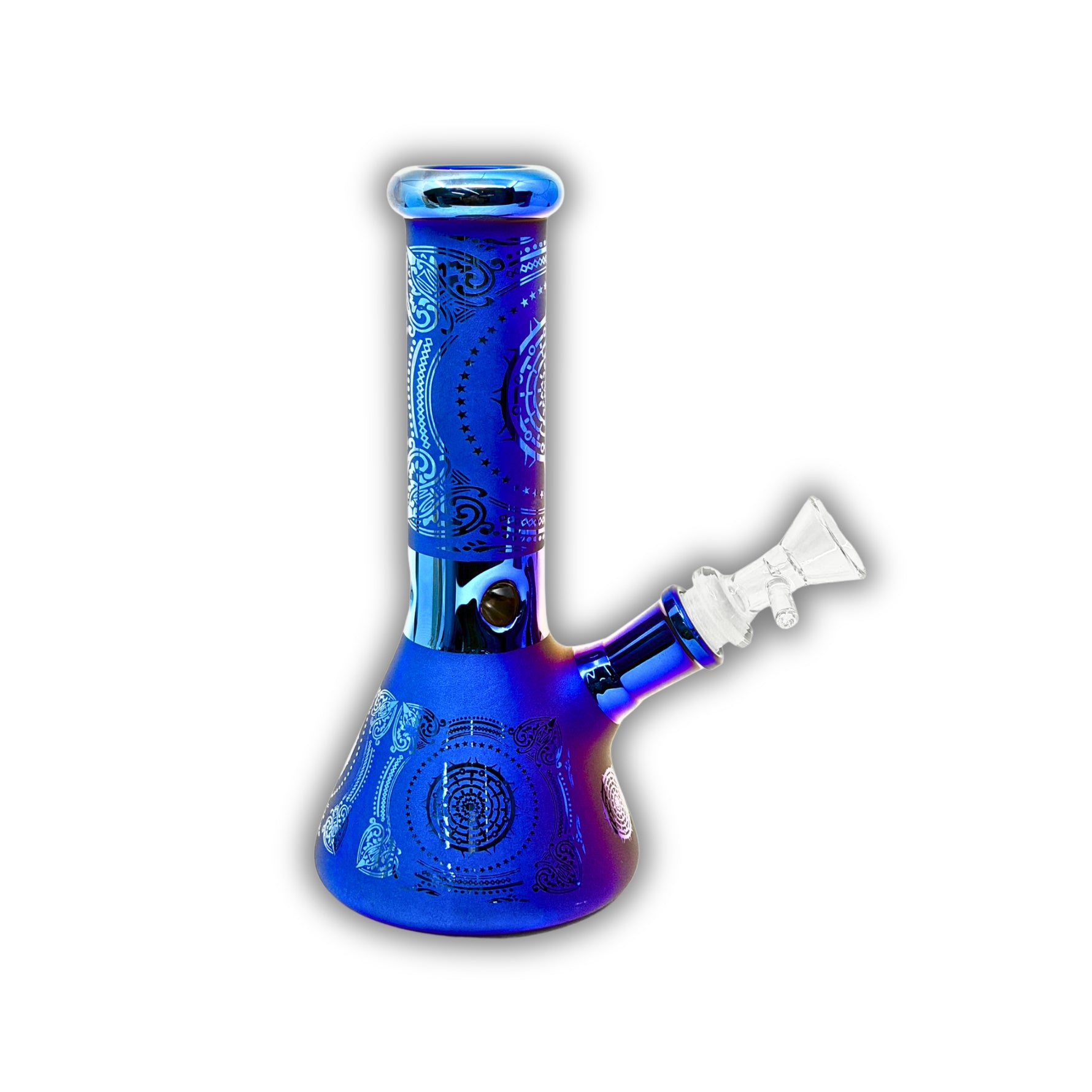 Assorted mini glass beaker bongs featuring frosted finishes, metallic electroplated colors, engraved paisley and skull patterns, cannabis leaf graphics, and decorative etched designs.