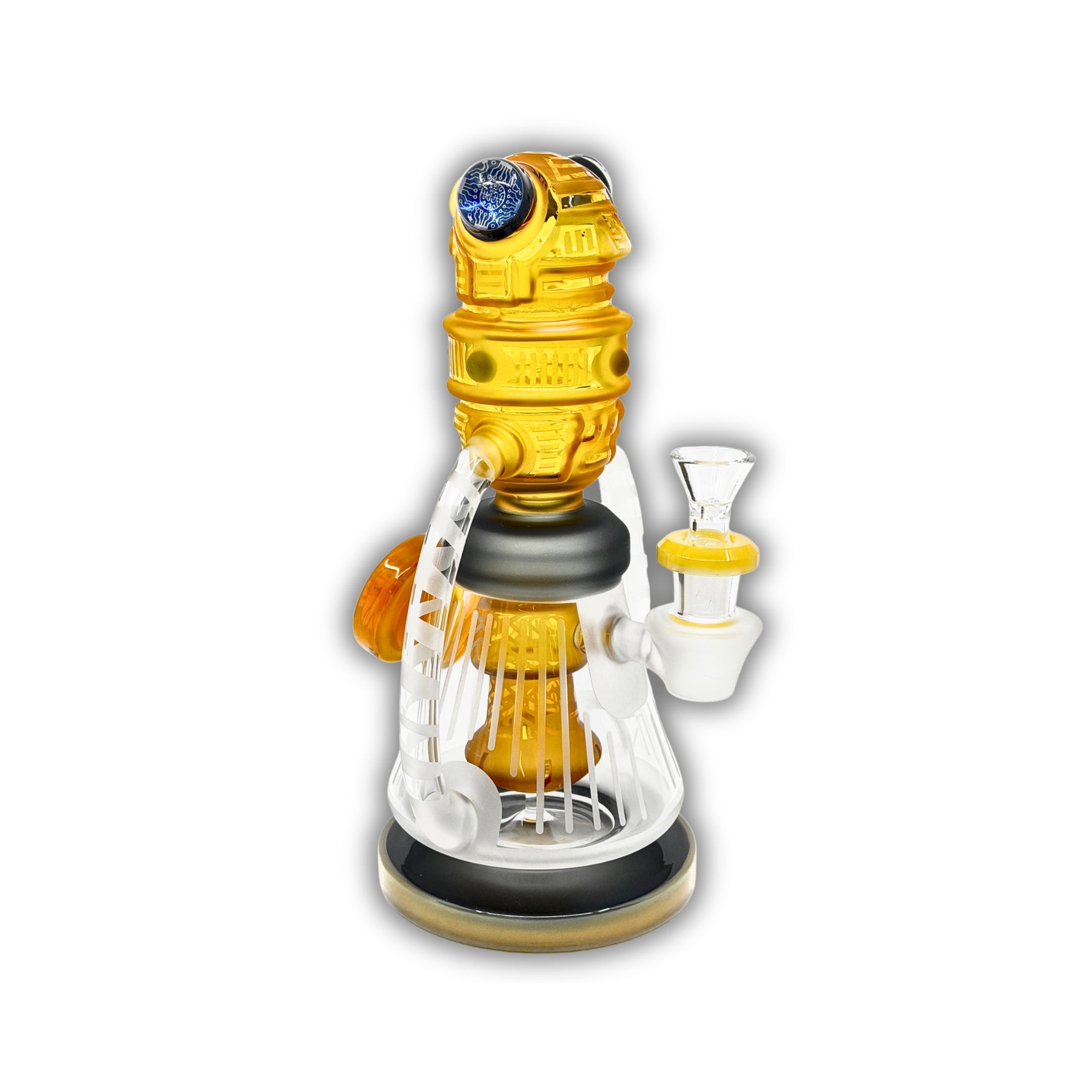 Futuristic recycler glass dab rig with robot head topper, dual loop side tubes, colored accents, and detailed internal perc chamber.