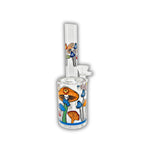 Clear mini straight tube bong with vibrant multicolor mushroom artwork printed across the body and neck.