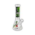 Clear glass beaker bong featuring green alien artwork, galaxy and planet graphics, cannabis leaf accents, and black space-themed neck print.
