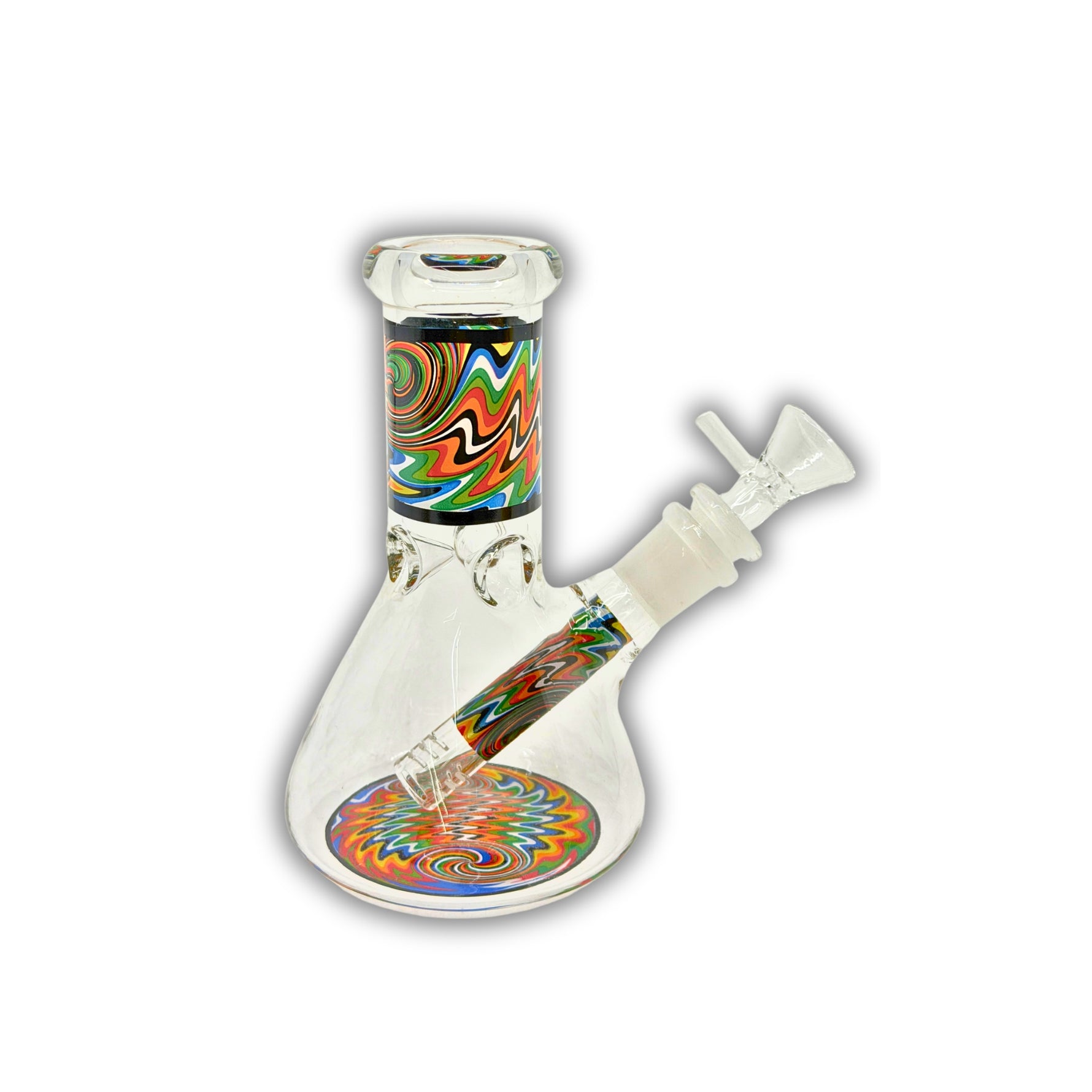 Compact clear glass beaker water pipe featuring colorful psychedelic wrap design on neck, base, and downstem with inline percolator.