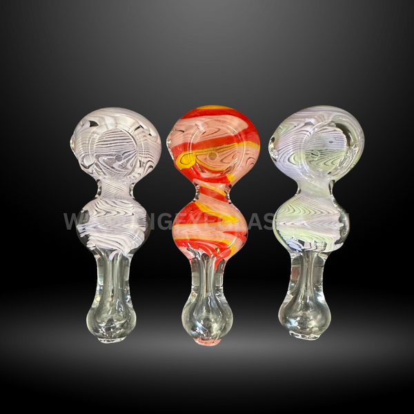 Assorted 4-inch double bubble glass hand pipes with striped designs in white, red, and multicolor. Durable wholesale smoking pipes for shops and resellers.