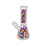Clear glass beaker bong covered in vibrant retro floral patterns with multicolor flower artwork, straight neck design, and removable glass bowl.