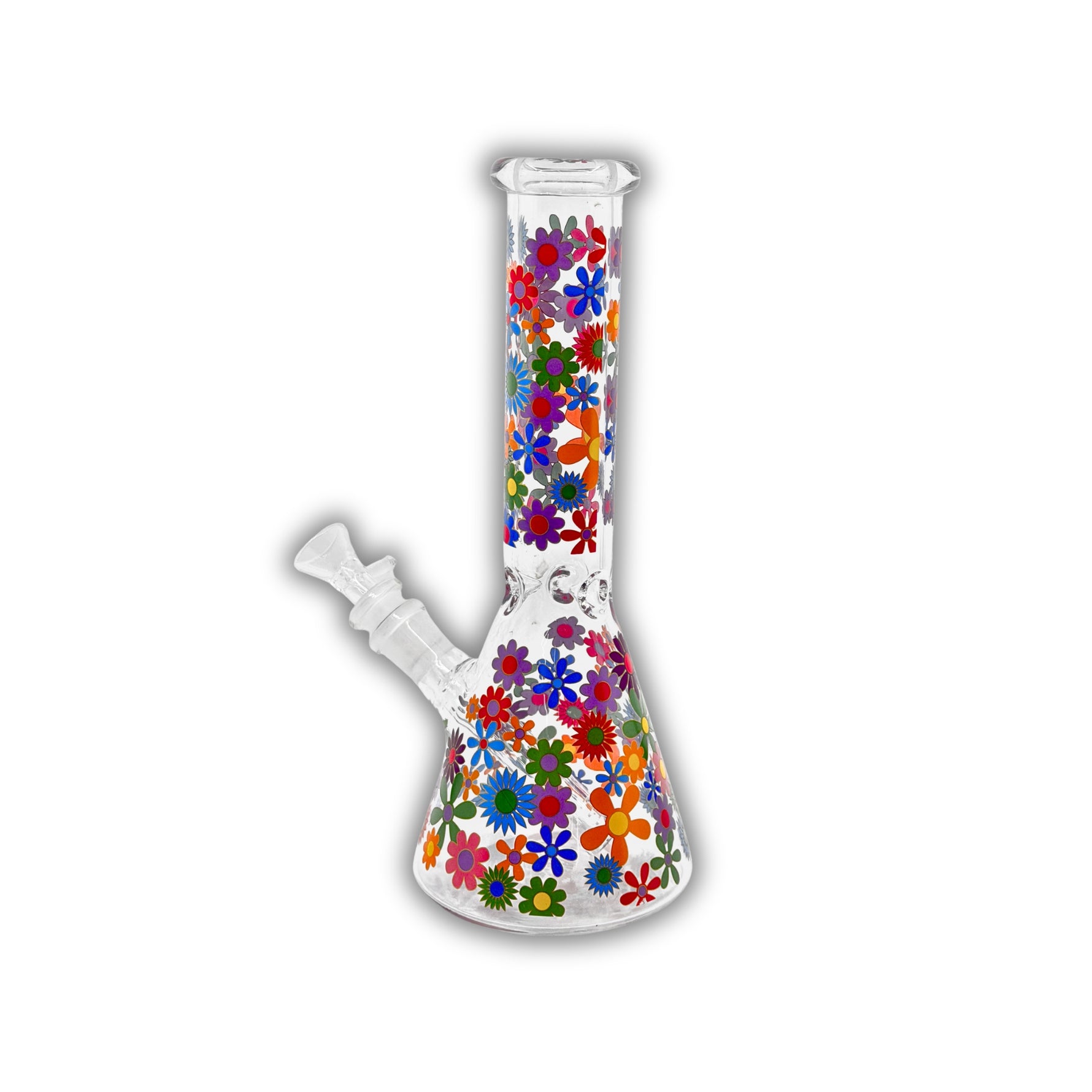 Clear glass beaker bong covered in vibrant retro floral patterns with multicolor flower artwork, straight neck design, and removable glass bowl.