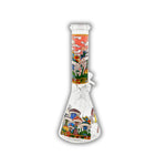Clear glass beaker water pipes featuring colorful psychedelic mushroom artwork, fantasy-inspired graphics, and straight neck bong designs with removable bowls.
