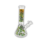 Clear glass beaker bongs featuring colorful honeycomb patterns, bee artwork, dripping paint accents, and assorted vibrant color themes with removable bowls.