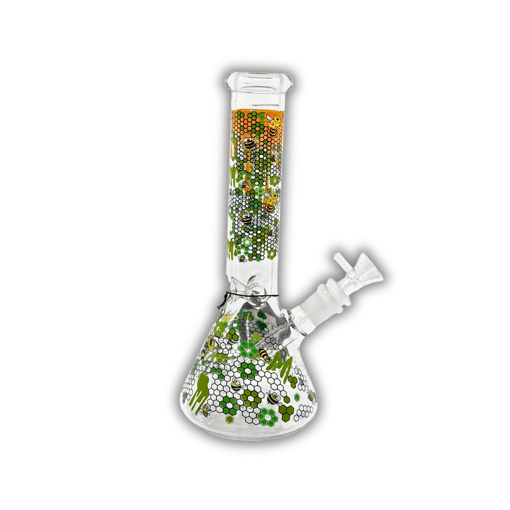 Clear glass beaker bongs featuring colorful honeycomb patterns, bee artwork, dripping paint accents, and assorted vibrant color themes with removable bowls.