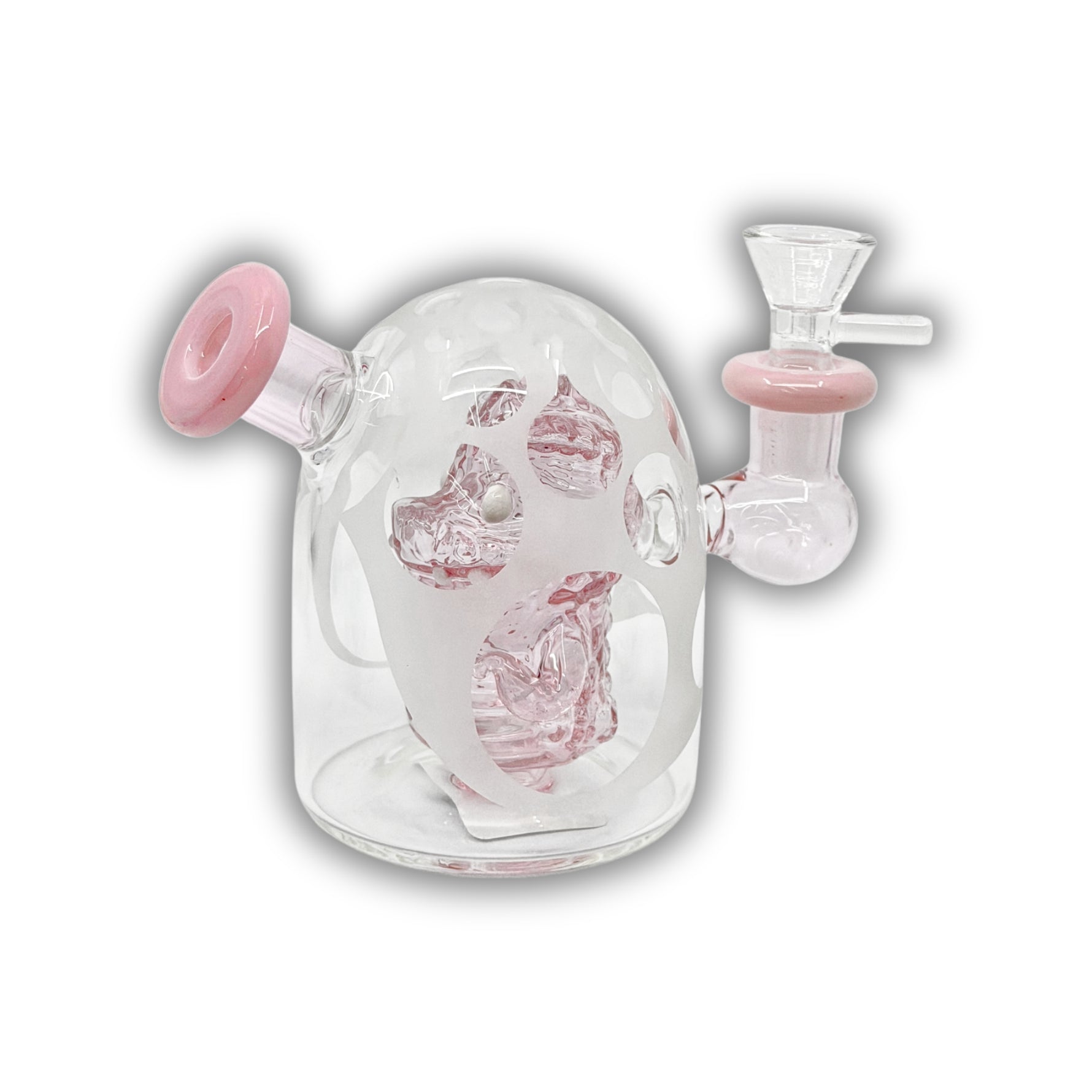 Compact glass dab rig featuring an enclosed character skull perc inside a frosted dome chamber with colorful side mouthpiece accents.