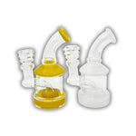 Mini glass dab rig with angled neck featuring frosted glass finish and yellow color accent option.