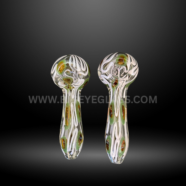 Pair of clear glass hand pipes with white swirls and green-yellow accents, durable 4-inch smoking pipes for wholesale.