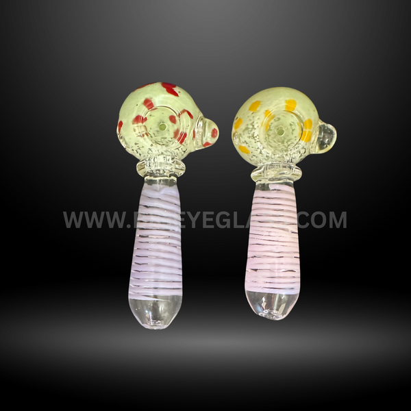 Assorted 4-inch glass hand pipes featuring polka dot bowls and striped handles in colorful designs. Wholesale smoking pipes for smoke shops and head shops.