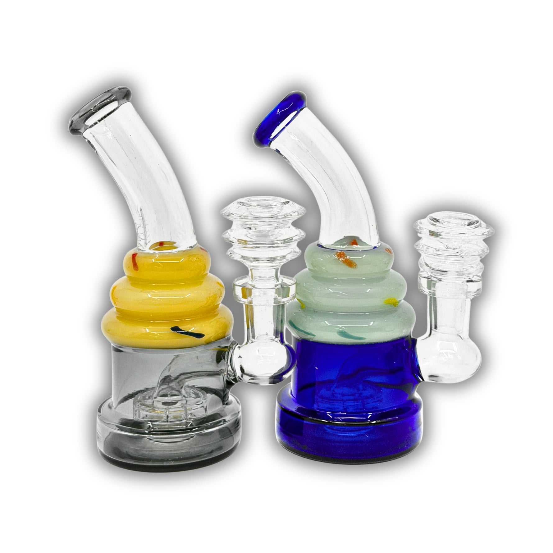 Compact glass dab rig with double ring neck design and colored base in blue and yellow variations.