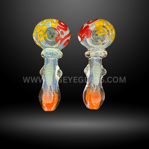 Set of 4-inch glass hand pipes featuring colorful wavy bowl patterns, frit design in the base, and marble accents. Wholesale smoking pipes for smoke shops and head shops.
