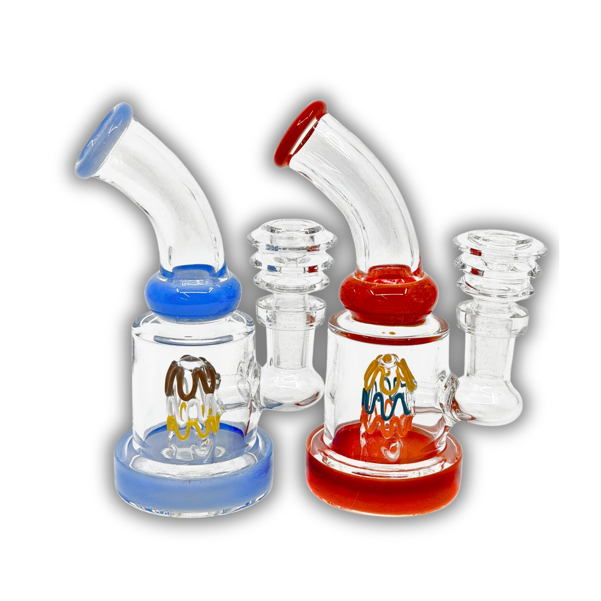 Compact glass dab rig featuring colored neck accents and a multicolor wig wag percolator design in blue and red variations.
