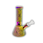 Assorted mini glass beaker bongs featuring frosted finishes, metallic electroplated colors, engraved paisley and skull patterns, cannabis leaf graphics, and decorative etched designs.