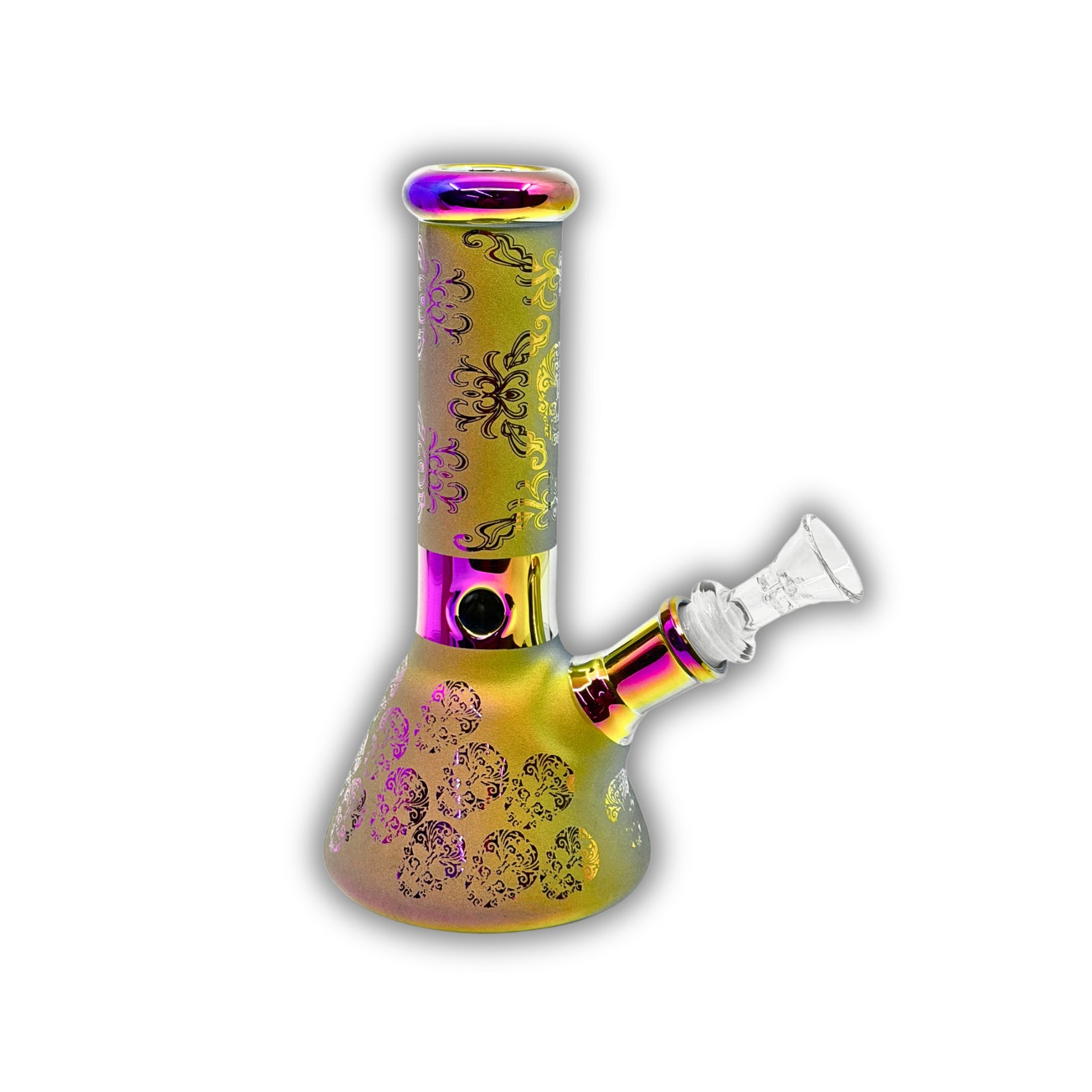 Assorted mini glass beaker bongs featuring frosted finishes, metallic electroplated colors, engraved paisley and skull patterns, cannabis leaf graphics, and decorative etched designs.