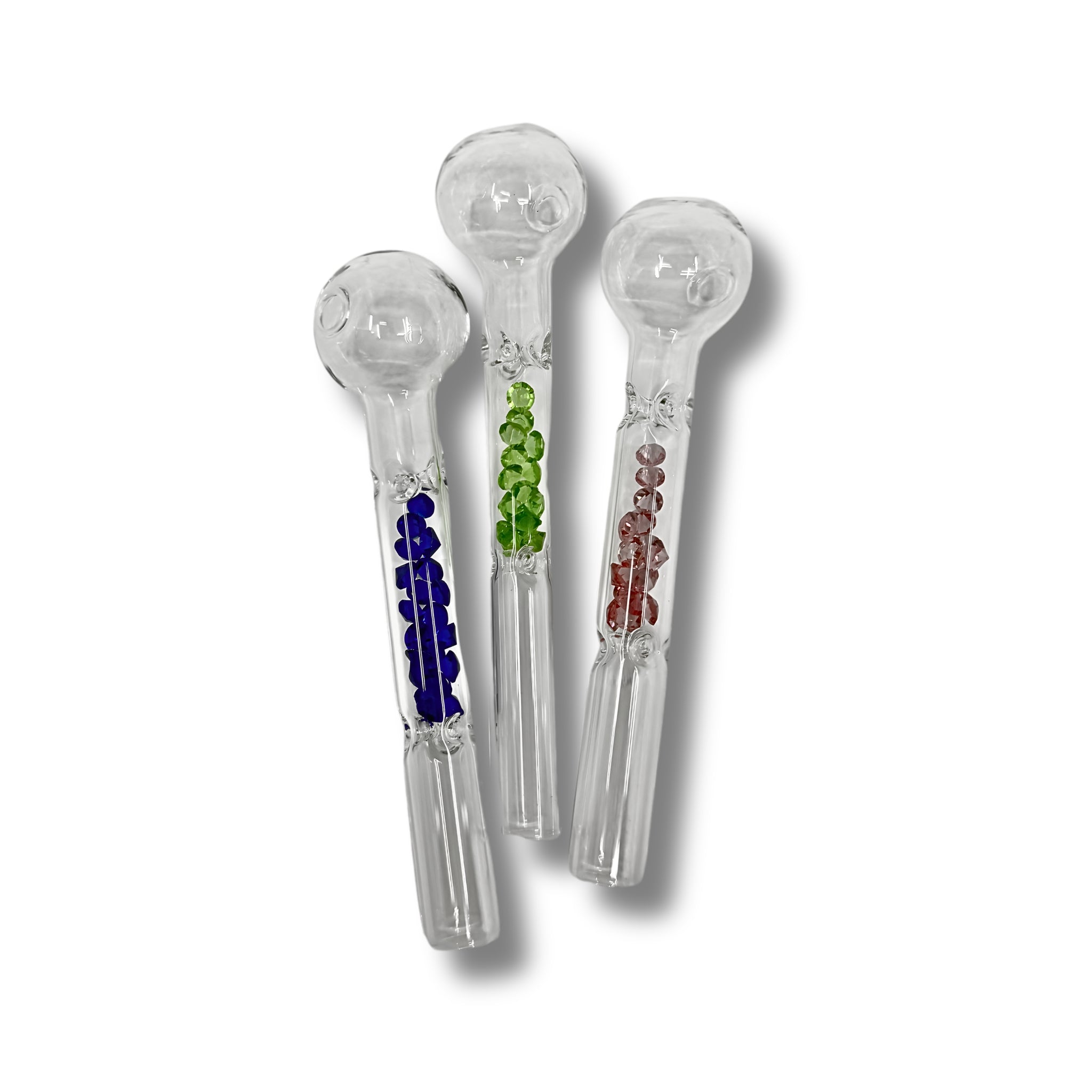 Clear glass oil burner pipes with colored bead accents inside the stem in blue, green, and red designs.