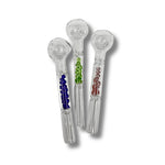 Clear glass oil burner pipes with colored bead accents inside the stem in blue, green, and red designs.