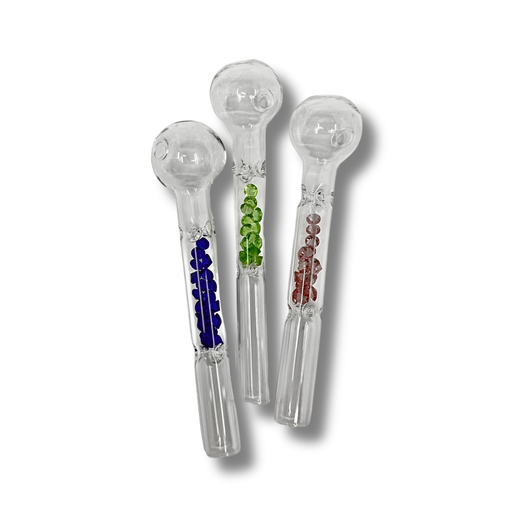 Clear glass oil burner pipes with colored bead accents inside the stem in blue, green, and red designs.