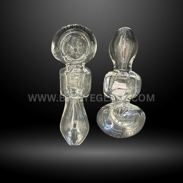 Assorted 5-inch clear glass hand pipes featuring unique geometric and bubble designs. Wholesale glass smoking pipes for smoke shops and head shops.