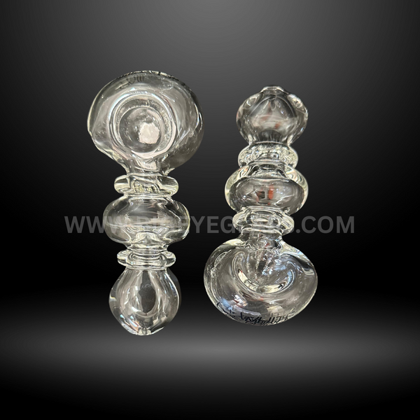 Set of 5-inch clear glass hand pipes featuring unique bubble and ringed shapes. Durable wholesale smoking pipes for smoke shops, head shops, and distributors.