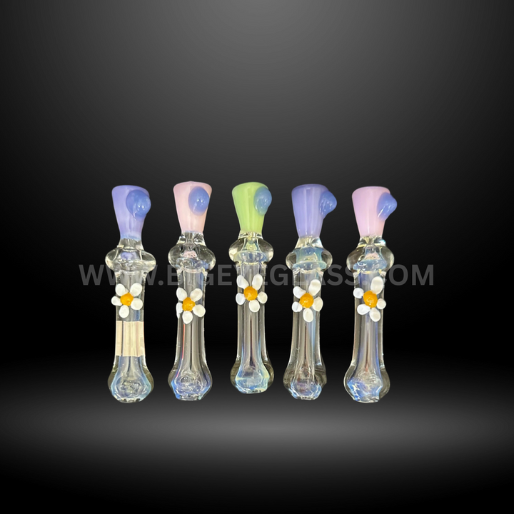 Assorted 5-inch glass chillum smoking pipes with colorful pastel mouthpieces and decorative flower accents. Wholesale hand pipes for smoke shops and head shops.