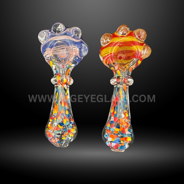 Assorted 5-inch glass hand pipes with colorful frit patterns, knobbed bowls, and unique artistic designs. Wholesale smoking pipes for smoke shops and head shops.
