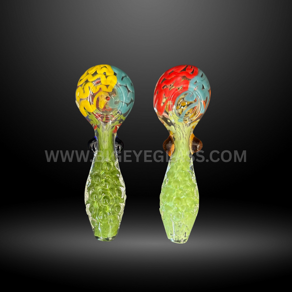 Pair of 4-inch glass hand pipes featuring honeycomb textured handles with red and yellow swirl bowls. Wholesale smoking accessories for head shops.