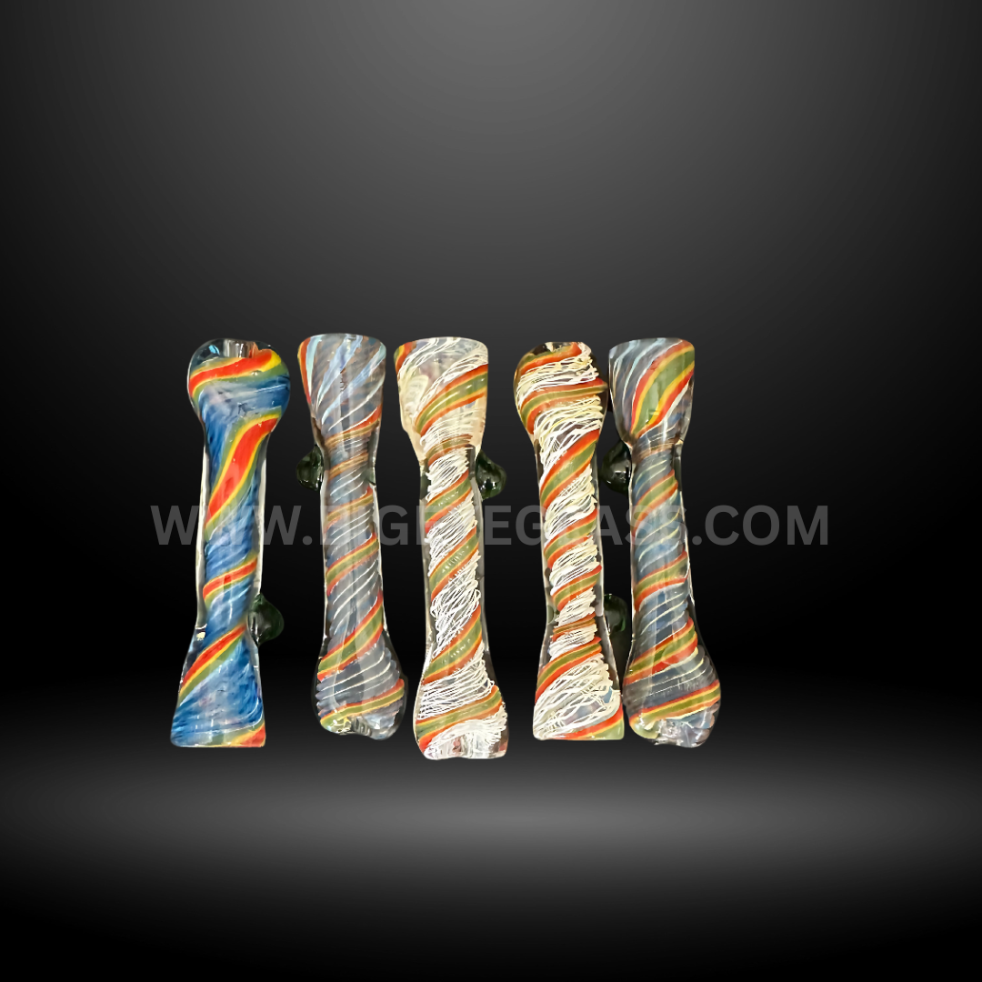 Assorted 5-inch glass chillum smoking pipes with colorful spiral line designs. Wholesale glass hand pipes for smoke shops, head shops, and distributors.
