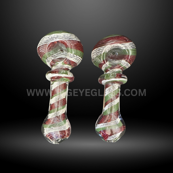 Set of 5-inch glass hand pipes with red, green, and white spiral stripe designs. Wholesale smoking pipes for smoke shops, head shops, and distributors.